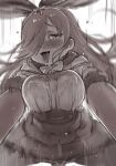  1girl animal_ears assertive_female bangs blush bouncing_breasts bow bowtie breasts center_frills clothed_sex commentary_request covered_nipples cowgirl_position european_hare_(kemono_friends) extra_ears eyebrows_visible_through_hair flying_sweatdrops frills girl_on_top greyscale hair_over_one_eye hairband highres kemono_friends large_breasts looking_at_viewer masuyama_ryou monochrome motion_blur one_eye_covered open_mouth pov rabbit_ears rabbit_girl saliva sex sketch skirt solo_focus straddling sweat tearing_up tongue tongue_out 