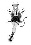  1girl alternate_costume arknights arm_support black_wings boots collar dark_halo demon_girl demon_horns demon_tail earrings eyebrows_visible_through_hair fishnet_legwear fishnets full_body greyscale highres hoop_earrings horns invisible_chair jacket jewelry long_hair looking_at_viewer luren_max monochrome mostima_(arknights) necklace off_shoulder open_clothes open_jacket pantyhose shirt simple_background sitting skirt solo tail thigh_strap white_background wings 