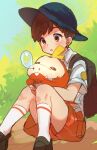  1boy :o absurdres backpack bag bangs blush brown_bag brown_eyes brown_footwear brown_hair collared_shirt commentary_request day eyebrows_visible_through_hair fuecoco hat highres holding holding_pokemon knees male_focus male_protagonist_(pokemon_sv) on_lap orange_shorts outdoors pokemon pokemon_(creature) pokemon_(game) pokemon_on_lap pokemon_sv satoe shirt shoes short_hair short_sleeves shorts sitting socks teeth upper_teeth white_legwear 