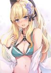  1girl bangs bare_shoulders bikini black_bikini black_bow blonde_hair blue_eyes blush bow breasts cleavage collarbone elf green_bikini hair_bow highres konka large_breasts layered_bikini long_hair long_sleeves looking_at_viewer navel open_mouth pointy_ears ponytail princess_connect! saren_(princess_connect!) sidelocks swimsuit 