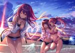  3girls :d absurdres bangs bare_shoulders beach bikini black_bikini blurry blurry_background blush breasts choker cleavage closed_eyes closed_mouth cloud cloudy_sky collarbone cowboy_shot dutch_angle frills hair_ornament hairclip half-closed_eye highres hood hoodie large_breasts long_hair long_sleeves looking_at_viewer mountain multiple_girls navel ocean off_shoulder one_eye_closed open_clothes open_hoodie original outdoors piromizu ponytail purple_bikini purple_eyes red_bikini red_choker red_hair see-through side-tie_bikini sidelocks sky smile standing standing_on_one_leg stomach sunset swimsuit very_long_hair water_drop wet wet_clothes white_hoodie yuri 