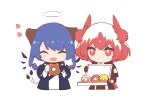  2girls :d animal_ears arknights asymmetrical_gloves bird_ears bird_girl bird_tail black_gloves black_jacket black_wings blue_hair blush box chibi closed_eyes cropped_torso dark_halo demon_horns demon_tail detached_wings doughnut eating energy_wings eyebrows_visible_through_hair food food_on_face gloves halo happy holding holding_box holding_food horns jacket long_hair luren_max medium_hair mismatched_gloves mostima_(arknights) multicolored_hair multiple_girls necktie open_clothes open_jacket red_eyes red_hair red_necktie shirt simple_background smile streaked_hair suffering_(arknights) tail tail_wagging white_background white_gloves white_hair white_shirt wings 