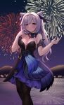  1girl bare_shoulders black_bow black_legwear blush bow breasts choker closed_mouth commentary_request cowboy_shot dress eyebrows_visible_through_hair fireworks genshin_impact hair_bow hair_cones hands_up highres keqing_(genshin_impact) keqing_(opulent_splendor)_(genshin_impact) long_hair looking_at_viewer medium_breasts multicolored_clothes multicolored_dress off-shoulder_dress off_shoulder pantyhose purple_eyes purple_hair ribbon_choker smile solo soukoku twintails 