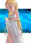  1girl blonde_hair blonde_pubic_hair blush clothes_lift commentary dress dress_lift elf green_eyes highres lifted_by_self long_hair pointy_ears princess_zelda pubic_hair see-through solo tanaka_ahiru tears the_legend_of_zelda the_legend_of_zelda:_breath_of_the_wild wet wet_clothes 