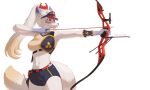  absurd_res anthro archery arrow_(weapon) belly bottomwear bow_(weapon) canid canine canis clothing female gym_bottomwear gym_clothing gym_shorts hakuro_(onmyoji) hi_res ice2g mammal ranged_weapon red_eyes shorts simple_background solo sport weapon wolf 