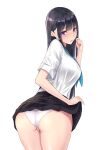  1girl ass bangs black_hair black_skirt blue_neckerchief blush breasts clothes_lift cowboy_shot dress_shirt eyebrows_visible_through_hair from_behind hand_up lifted_by_self long_hair looking_at_viewer looking_back neckerchief nyanko_kaitou original panties parted_lips pleated_skirt purple_eyes school_uniform shirt short_sleeves simple_background skirt skirt_lift solo standing twisted_torso underwear white_panties white_shirt 