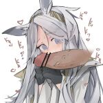  1girl animal_ears arknights bar_censor black_gloves blush censored disembodied_penis erection eyebrows_visible_through_hair fingerless_gloves flying_sweatdrops gloves green_hairband grey_hair grey_shirt hairband hands_up heavyrain_(arknights) highres horse_ears long_hair looking_at_penis mikojin penis purple_eyes shirt simple_background solo_focus sound_effects tearing_up upper_body veins veiny_penis white_background 