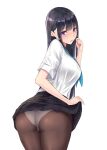  1girl ass bangs black_hair black_skirt blue_neckerchief blush breasts brown_legwear clothes_lift cowboy_shot dress_shirt eyebrows_visible_through_hair from_behind hand_up lifted_by_self long_hair looking_at_viewer looking_back neckerchief nyanko_kaitou original panties panties_under_pantyhose pantyhose parted_lips pleated_skirt purple_eyes school_uniform shirt short_sleeves sidelocks simple_background skirt skirt_lift solo standing twisted_torso underwear white_panties white_shirt 