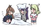  &gt;_&lt; 4girls :3 :d =_= absurdres ange_(azukitsunee) antlers black_hair brown_hair ceres_fauna chibi commentary drooling english_commentary feather_hair_ornament feathers green_hair hair_ornament highres hololive hololive_english laughing long_hair lying multiple_girls nanashi_mumei ninomae_ina&#039;nis ouro_kronii pillow ponytail prank purple_hair short_hair simple_background sleeping smile solid_circle_eyes virtual_youtuber white_background xd 