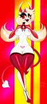  blonde_hair breasts charlie_(hazbin_hotel) demon fangs female genitals hair hazbin_hotel hi_res horn humanoid nipples norakaru open_mouth open_smile pussy red_eyes simple_background smile solo succubus tongue white_body 