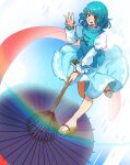  1girl absurdres bangs bare_legs blue_eyes blue_hair blue_skirt blue_vest blush commentary_request eyebrows_visible_through_hair frilled_sleeves frills full_body geta heterochromia highres holding holding_umbrella juliet_sleeves korean_commentary kuya_(hey36253625) long_sleeves medium_hair no_socks puffy_sleeves purple_umbrella rainbow red_eyes shirt skirt sleeve_garter tatara_kogasa toes tongue tongue_out touhou umbrella vest white_shirt 