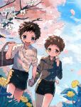  2boys bag cloud cloudy_sky couple day flower hand_on_own_face highres holding_hands implied_yaoi looking_at_viewer male_focus multiple_boys original short_hair short_sleeves shorts sky teeth umibatari 