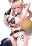  1girl :d animal_ear_fluff animal_ears arm_behind_head armpits belt between_breasts bikini black_belt blue_bikini blue_necktie blush breasts cowboy_shot curvy detached_collar elbow_gloves fang fate/extra fate/grand_order fate_(series) fox_ears fox_girl fox_tail gloves gun hand_up handgun hat highres holding holding_gun holding_weapon knee_up large_breasts long_hair looking_at_viewer necktie necktie_between_breasts open_mouth pink_hair pistol police police_hat side-tie_bikini sidelocks single_elbow_glove single_glove skindentation smile solo strap_gap swimsuit tail tamamo_(fate) tamamo_no_mae_(fate/extra) thighhighs trigger_discipline twintails uo_denim weapon white_gloves 