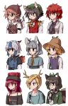  6+girls animal_ears antlers blonde_hair cat_ears cat_girl chen closed_mouth earrings futatsuiwa_mamizou glasses grey_hair hecatia_lapislazuli highres horikawa_raiko jewelry kicchou_yachie kusiyan labcoat leaf leaf_on_head long_hair long_sleeves moriya_suwako mouse_ears mouse_girl multiple_girls mystia_lorelei nazrin necktie pink_eyes pink_hair pointy_ears purple_necktie raccoon_ears raccoon_tail red_eyes red_hair scarf short_hair simple_background smile tail tokiko_(touhou) touhou white_background wings 