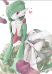  1girl agaver123 all_fours bangs blush breasts censored collarbone colored_skin commentary cum cum_on_clothes cum_on_hair disembodied_penis downblouse erection full_body gardevoir grass green_hair green_shirt hair_over_one_eye heart highres legs_together looking_to_the_side mosaic_censoring multiple_penises no_mouth on_ground one_eye_covered outdoors penis pokemon pokemon_(creature) red_eyes shirt short_hair simple_background skirt small_breasts solo_focus white_background white_skin white_skirt 