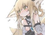  1girl animal_ears arknights bare_shoulders black_gloves blonde_hair blue_hairband blush braid breasts clothing_aside dress dress_aside earpiece eyebrows_visible_through_hair flying_sweatdrops fox_ears fox_tail gloves green_eyes hairband inverted_nipples kitsune long_hair mikojin multiple_tails one_breast_out oripathy_lesion_(arknights) sidelocks simple_background small_breasts solo suzuran_(arknights) tail white_background white_dress 