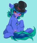  2022 beth_(oc) blue_background blue_body blue_fur blue_hair blush clothing earth_pony equid equine fan_character female feral front_view fur genitals hair hasbro hat headgear headwear hooves horse looking_at_viewer mammal my_little_pony pony pussy quadruped red_eyes simple_background solo swaybat tongue tongue_out top_hat 