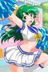  1girl arm_up bangs boots cheerleader eyebrows_visible_through_hair green_eyes green_hair hairband long_hair midriff miniskirt navel non-web_source official_art open_mouth photoshop_(medium) pleated_skirt pom_pom_(cheerleading) shoko_(super_real_mahjong) skirt solo super_real_mahjong tanaka_ryou 