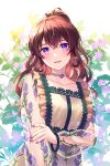  1girl akatsuki_(4941086) amethyst_(gemstone) bangs blush brown_hair collarbone commentary_request dress floral_print flower highres long_hair looking_at_viewer nail_polish open_mouth original pink_nails ponytail purple_eyes revision see-through_sleeves smile solo upper_body 