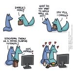  &lt;3 1:1 ? blue_body blue_fox_(foxes_in_love) blue_fur blue_tail canid canine comic dialogue duo english_text exclamation_point feral fox foxes_in_love fur green_body green_fox_(foxes_in_love) green_fur green_tail hi_res male_(lore) mammal monitor shadow simple_background text url 