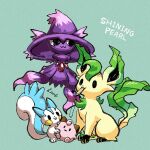  :3 animal_focus aqua_background artist_name black_eyes blush_stickers cleffa closed_mouth coin commentary_request copyright_name floating full_body ghost happy leaf_(pixiv17652941) leafeon looking_to_the_side mismagius mouth_hold no_humans pachirisu pokemon pokemon_(creature) pokemon_(game) pokemon_bdsp signature simple_background sitting smile solid_oval_eyes standing 