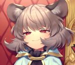 1girl animal_ear_fluff animal_ears bangs blush closed_mouth commentary_request commission eyelashes gold_trim grey_hair mouse_ears narrowed_eyes nazrin red_eyes short_hair skeb_commission smile smug solo throne tomobe_kinuko touhou 