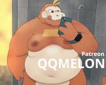  2022 absurd_res anthro belly distracting_watermark fuecoco hi_res humanoid_hands kemono male moobs nintendo nipples overweight overweight_male pok&eacute;mon pok&eacute;mon_(species) qqmelon888 red_body solo tongue tongue_out video_games watermark 