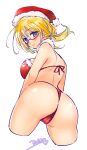  ass bikini blonde_hair blue_eyes breasts commentary_request cropped_legs from_behind fur-trimmed_bikini fur-trimmed_headwear fur_trim glasses hair_ribbon hat highres i-8_(kancolle) kantai_collection large_breasts looking_at_viewer looking_back low_twintails red-framed_eyewear red_bikini red_headwear ribbon saburou_03 santa_hat semi-rimless_eyewear simple_background swimsuit twintails under-rim_eyewear white_background white_ribbon 