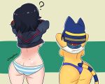  ? absurd_res animal_crossing ankha_(animal_crossing) anthro back_boob breasts butt clothed clothing clothing_lift domestic_cat drshyguydraws duo felid feline felis female hi_res human kill_la_kill mammal nintendo panties pattern_clothing pattern_underwear rear_view ryūko_matoi shirt shirt_lift simple_background striped_clothing striped_underwear stripes studio_trigger topwear underwear undressing video_games 