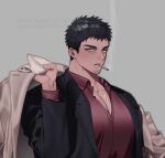  1boy artist_name bara beard black_hair cigarette facial_hair jacket looking_at_viewer male_focus mature_male mongz muscular muscular_male original pectoral_cleavage pectorals shirt smoke solo spiked_hair text_focus thick_eyebrows tight yellow_eyes 
