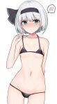  1girl blush breasts clothes_pull commentary_request finaltakenoko highres konpaku_youmu looking_at_viewer navel shiny shiny_hair shiny_skin solo speech_bubble stomach sweatdrop swimsuit swimsuit_pull thighs touhou white_hair 