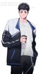  1boy artist_name black_hair blush brown_eyes cafe jacket looking_at_viewer male_focus mongz muscular muscular_male original pants shirt solo spiked_hair t-shirt text_focus thick_eyebrows track_pants 
