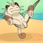  absurd_res argon_vile balls beach eyes_closed flaccid foreskin genitals hammock hi_res humanoid_genitalia humanoid_penis male meowth nintendo outside penis pok&eacute;mon pok&eacute;mon_(species) seaside solo video_games 