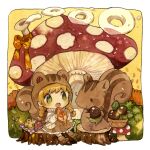  1girl acorn blonde_hair braid chipmunk dress food green_eyes hood minigirl mokarooru mushroom open_mouth original squirrel twin_braids 