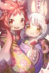  2girls :3 animal_ears bandam china_dress chinese_clothes commentary_request dress furry highres long_hair looking_at_viewer made_in_abyss mitty_(made_in_abyss)_(furry) multiple_girls nanachi_(made_in_abyss) open_mouth red_eyes red_hair simple_background smile whiskers white_hair yellow_eyes 