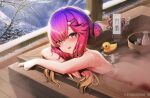  1girl blush brown_eyes character_name choko_(cup) completely_nude cup hair_ornament hairclip highres kantai_collection long_hair mole mole_under_eye nude onsen open_mouth partially_submerged purple_hair rubber_duck solo tokkuri tsushima_(kancolle) twitter_username unidentified_nk water 