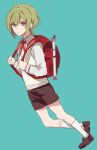  1boy absurdres backpack bag blue_background brown_footwear brown_shirt dear_vocalist full_body green_hair highres long_sleeves looking_at_viewer male_focus momochi_(dear_vocalist) pale_skin ptping purple_eyes shirt shoes shorts solo white_legwear white_shirt 