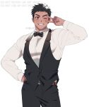  1boy artist_name bara belt black_hair bow bowtie brown_eyes dark_skin looking_at_viewer male_focus mongz muscular muscular_male one_eye_closed original pants pectorals shirt smile solo spiked_hair text_focus thick_eyebrows tight v 