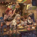  3girls :d absurdres alcohol ball bangs bare_shoulders beer beer_mug betina_mascenon black_shirt blue_eyes blush braid breasts cleavage closed_eyes closed_mouth cup drunk eating food headband highres holding holding_food honkai_(series) honkai_impact_3rd hood hoodie indoors kiana_kaslana large_breasts long_sleeves meat mug multiple_girls murata_himeko navel open_mouth ponytail purple_eyes purple_hair raiden_mei red_hair red_skirt shirt sitting skirt sleeveless sleeveless_shirt smile soccer_ball television twin_braids white_hair white_hoodie 