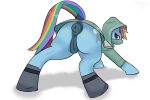  3:2 absurd_res anus blue_body butt clothed clothing equid equine female feral friendship_is_magic genitals hair hasbro henko hi_res hoodie hooves mammal multicolored_hair my_little_pony pegasus pruple_eyes pussy quadruped rainbow_dash_(mlp) rainbow_hair rear_view shadow simple_background solo standing topwear white_background wings 