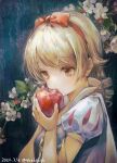  apple blonde_hair blue_dress cape cosplay dress earrings expressionless eyebrows_visible_through_hair flower food fruit hairband highres holding holding_food holding_fruit idolmaster idolmaster_cinderella_girls jewelry kuroda_kuroko looking_at_food looking_down morikubo_nono puffy_short_sleeves puffy_sleeves red_apple red_hairband ringlets short_sleeves snow_white_(disney) snow_white_(disney)_(cosplay) snow_white_and_the_seven_dwarfs stud_earrings upper_body 