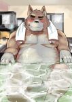  2022 anthro bathing belly black_nose blush brown_body canid canine canis detailed_background domestic_dog eyes_closed flaccid genitals hi_res humanoid_genitalia humanoid_hands humanoid_penis inside kemono male mammal moobs nipples overweight overweight_male penis sitting solo towel towel_around_neck ujishiyo 