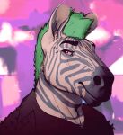  abstract_background anthro black_eyebrows bucklebunny clothing colored_sketch equid equine eyebrows fur green_hair grey_body grey_ears grey_fur grey_stripes hair half-closed_eyes headshot_portrait inner_ear_fluff looking_aside male mammal narrowed_eyes portrait purple_eyes short_hair sketch smile solo striped_body striped_fur stripes topwear tuft white_body white_ears white_fur white_inner_ear white_inner_ear_fluff zebra 