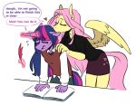  &lt;3 anthro anthrofied bite book bottomwear clothing dialogue duo ear_bite english_text equid equine eyes_closed female fluttershy_(mlp) friendship_is_magic hair hasbro horn loose_feather mammal my_little_pony pegasus pink_hair purple_hair quill redxbacon romantic romantic_couple skirt text twilight_sparkle_(mlp) unicorn wings 