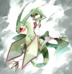  1girl arm_up armpits bangs bob_cut claws cloud cloudy_sky collarbone colored_sclera colored_skin commentary_request dragon flat_chest flygon full_body gardevoir get gorilla_(bun0615) green_hair green_skin grey_eyes hair_over_one_eye highres looking_to_the_side midair multicolored_skin one_eye_covered open_mouth partial_commentary pokemon pokemon_(creature) rain red_eyes red_sclera riding shading_eyes short_hair sky storm two-tone_skin white_skin 