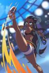  1girl armlet belly_chain bike_shorts black_hair blue_eyes blue_eyeshadow blue_hair dark-skinned_female dark_skin dive_ball dynamax_band earclip earrings eyeshadow gloves hair_bun highres hoop_earrings jewelry levanshousa913 long_hair makeup multicolored_hair necklace nessa_(pokemon) partially_fingerless_gloves pokemon pokemon_(game) pokemon_swsh sandals single_glove two-tone_hair white_footwear 