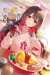  1girl 2016 bangs breasts brown_hair closed_mouth company_name copyright food gradient_hair hair_ornament hairpin hands_up highres holding holding_spoon hololive long_hair medium_breasts multicolored_hair official_art ribbon roboco-san solo spoon sweater teffish turtleneck yellow_eyes 