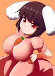  1girl animal_ears black_hair breasts bunny carrot_necklace dress floppy_ears frilled_dress frilled_sleeves frills highres inaba_tewi jewelry large_breasts pendant pink_dress puffy_short_sleeves puffy_sleeves rabbit_ears rabbit_girl red_eyes ribbon-trimmed_dress short_hair short_sleeves solo touhou wavy_hair xialu_zajin 