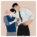  2boys abs artist_name bara belt black_hair camera couple jewelry kashikahaya large_pectorals male_focus multiple_boys muscular muscular_male necktie original pants pectorals ring scar scar_on_face shirt sideburns smile thick_eyebrows tight yaoi 