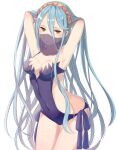  1girl armpits arms_up azura_(fire_emblem) blue_hair breasts closed_mouth commentary_request fire_emblem fire_emblem_fates hair_between_eyes haru_(nakajou-28) highres long_hair medium_breasts mouth_veil one-piece_swimsuit simple_background solo swimsuit veil white_background yellow_eyes 